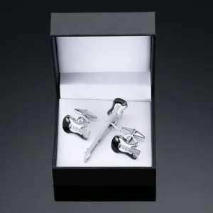 Guitar cufflinks tie clip set